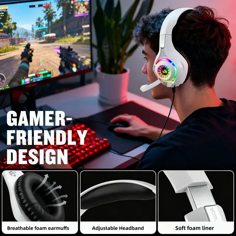 Auriculares gaming con micrófono y luz LED, conexión jack 3,5 mm